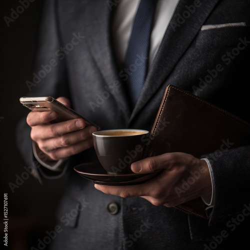 A well-dressed individual holding a smartphone, coffee cup, and a notepad. The person is exuding an aura of sophistication and efficiency.