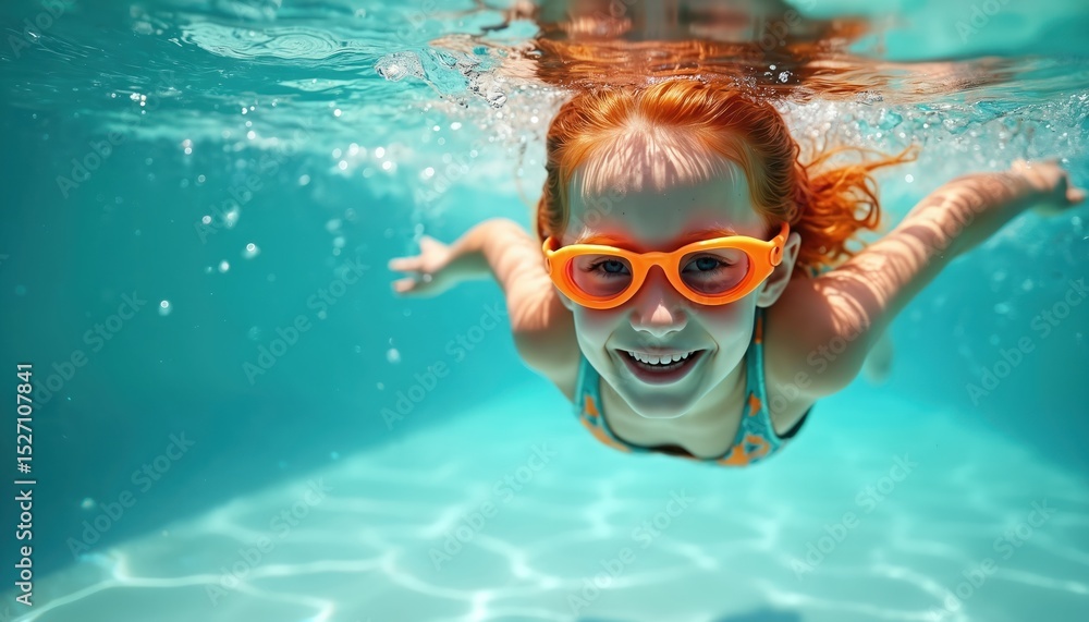 Fototapeta premium Joyful red hair girl learn swim in pool. Child dives underwater, wearing orange swimming goggles. Happy kid enjoy summer vacation water activities. Fun, active lifestyle.