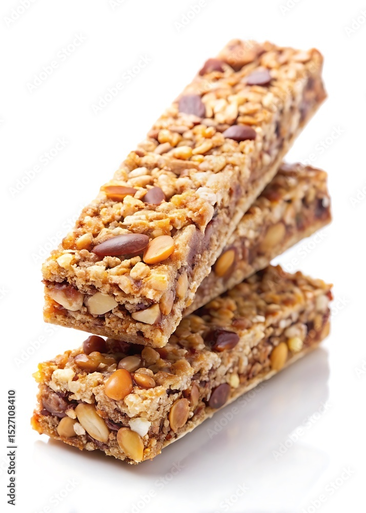 Stacked Granola Bars, A Close-Up of Nutritious Snack on White Background Stacked Granola Bars, A Close-Up of Nutritious Snack on White Background