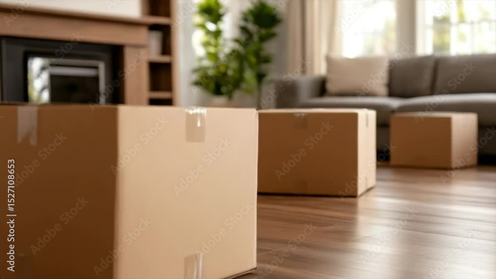 Unpacking boxes in a cozy living room filled with natural light and warm decor Unpacking boxes in a cozy living room filled with natural light and warm decor