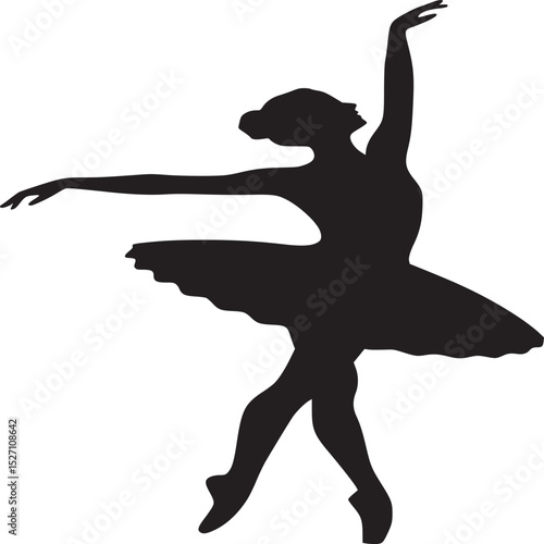 Silhouette of a ballerina in a tutu with arms raised in a ballet pose on a white background
