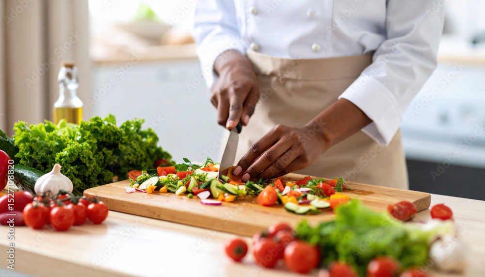 Chef nimble fingers, adorned with white apron, deftly carve colorful vegetables on wooden cutting board, surrounded by fresh produce, creating vibrant culinary scene Chef nimble fingers, adorned with white apron, deftly carve colorful vegetables on wooden cutting board, surrounded by fresh produce, creating vibrant culinary scene