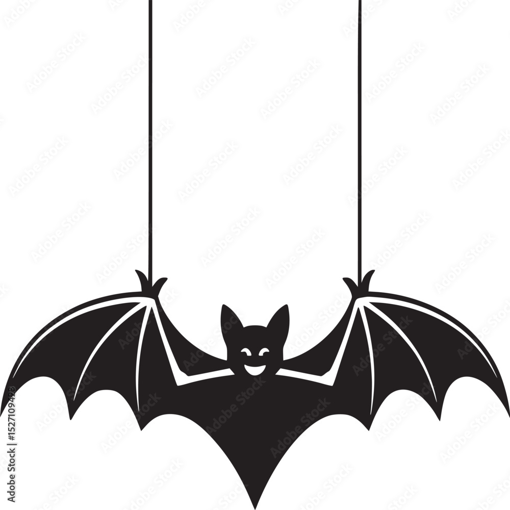 Obraz premium A black silhouette of a bat hanging from two strings with a smiling face on a white background