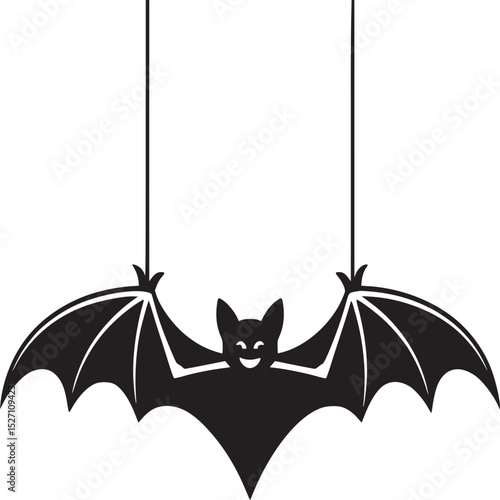 A black silhouette of a bat hanging from two strings with a smiling face on a white background