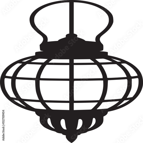 Silhouette of an ornate lantern with a bulb on top and a spherical cage design on a white background