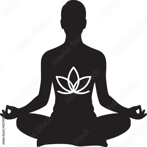 Silhouette of a person meditating in lotus position with a lotus flower on their chest design element
