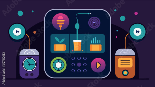 The pods hitech control panel allows the guest to customize their environment from lighting and temperature to ambient music and scent.. Vector illustration