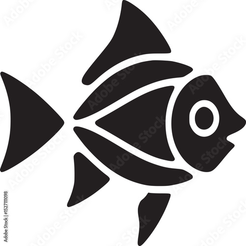 Isolated black graphic of a fish with segmented body and fins on a white background simple design