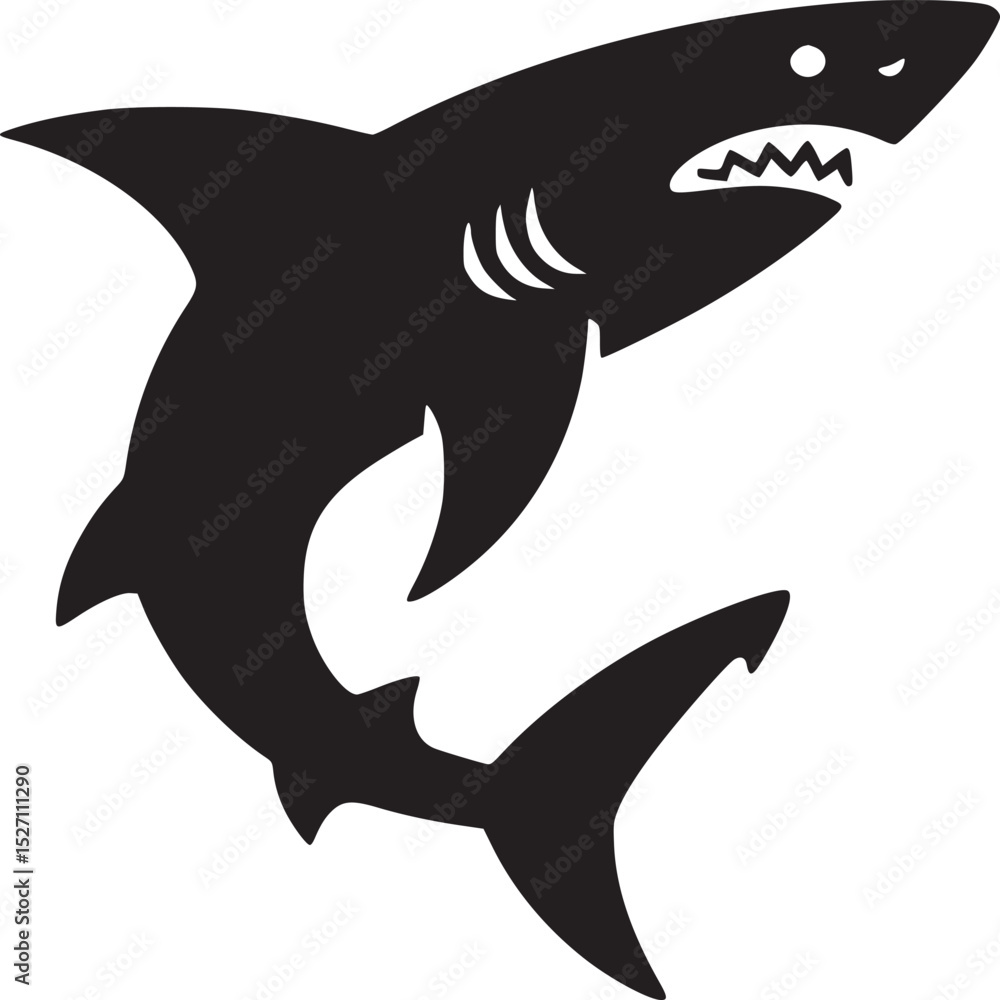 Fototapeta premium Silhouette of an angry shark with visible teeth and gills on a plain white background simple design
