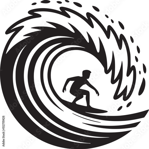 Silhouette of surfer riding a wave with splash in black and white minimalist vector illustration