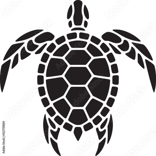 A black sea turtle silhouette with detailed shell and flippers on a white background graphic design