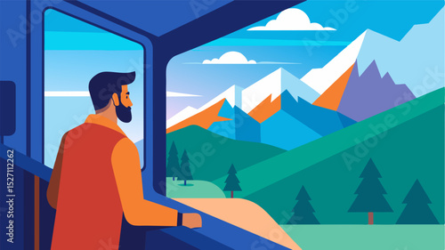 The digital nomad couldnt resist taking a break from work to step out onto the trains balcony breathing in the fresh mountain air and admiring the breathtaking views of towering. Vector illustration