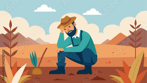 A wooden carving of a farmer sitting on an unplanted field with one hand on his forehead and the other holding a handful of dry soil a symbol of the depletion of resources due to. Vector illustration