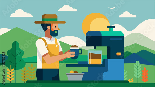 Despite being in the countryside the nomad still had access to modern amenities such as a stateoftheart coffee machine to fuel their workdays.. Vector illustration