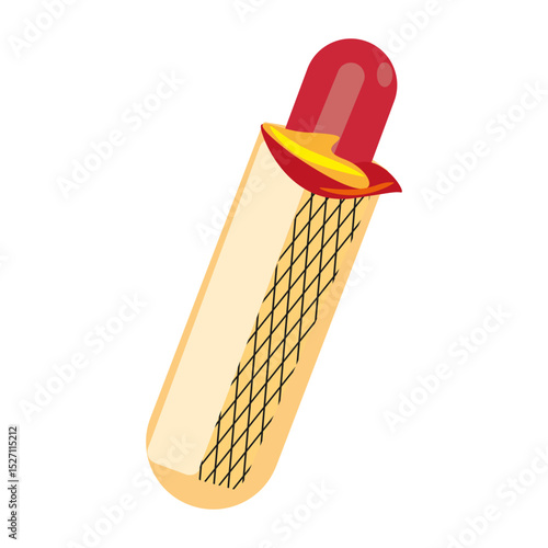Sweet cone shape. Waffle roll icon. Vector dessert object. Red topping detail.