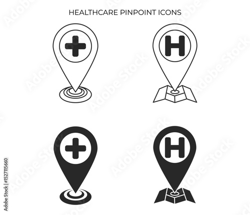 Navigation icons or Map pin icons indicating healthcare or hospital locations, shown in outline and solid styles.