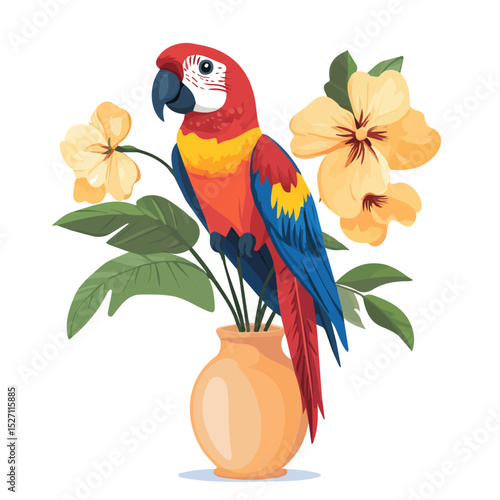 2D flat vector illustration of A Parrot Flower In A Vase, isolated on a white background.