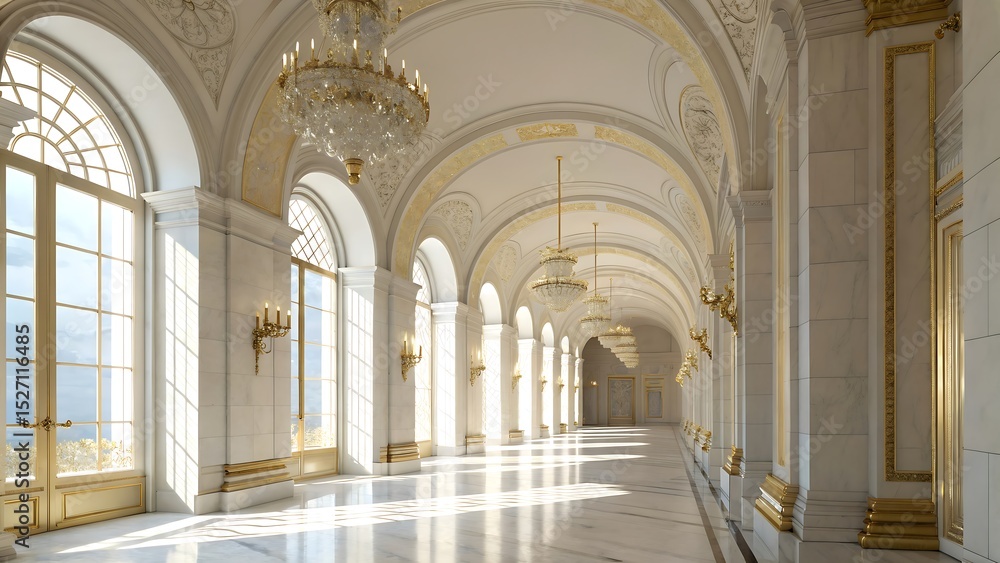 Sunlit grand palace hallway with marble floors and crystal chandeliers Sunlit grand palace hallway with marble floors and crystal chandeliers