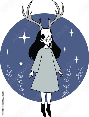 Girl with Deer Skull Illustration