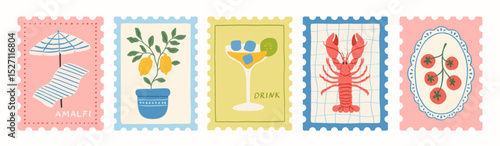 Set of italian summer postage stamps. Vacation in Italy. Amalfi. Hand drawn lobster, lemon tree, tomato, cocktail, beach umbrella. Mediterranean print, poster or postcard. Vector trendy illustration.
