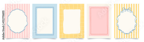 Vintage hand drawn frames with whimsical lines, bows, ribbons. Italian summer vacation aesthetic. Colorful minimalist line borders, postage stamp . Vector template for poster, invitation, card.