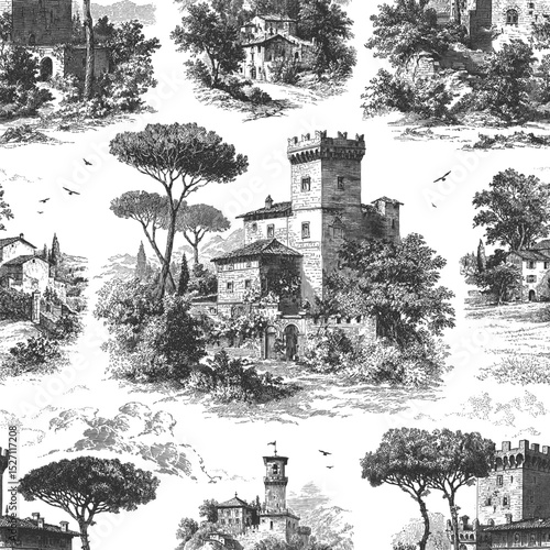 Seamless vector pattern with castles, hills, forests and plains. Traditional old European, Tuscany or Provencal,  landscape scene. Vintage engraving style illustration.	