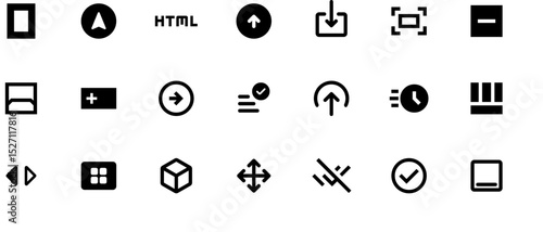 Black and white cartoon-style web design icons set featuring arrows, circles, and deletion symbols with bold outlines, flat vector graphics on white background