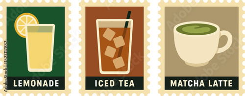 Flat design illustration of three beverages: lemonade, iced tea, and matcha latte