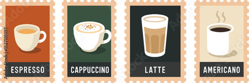 Four coffee drink illustrations including espresso, cappuccino, latte, and Americano