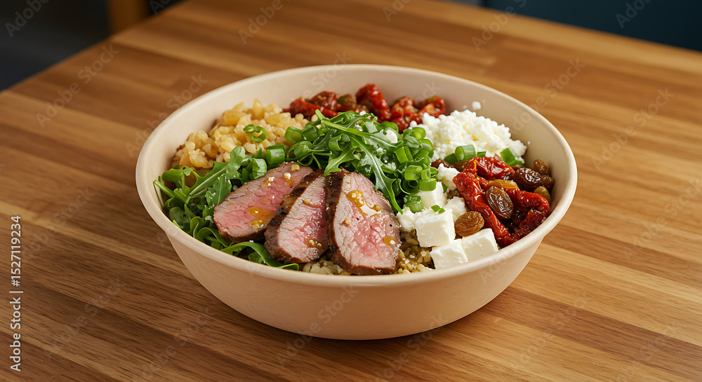 Lamb Rice Bowl | rice bowl with grilled lamb, arugula, scallions, raisins, sun-dried tomatoes, and feta cheese drizzled with a vinaigrette. Lamb Rice Bowl | rice bowl with grilled lamb, arugula, scallions, raisins, sun-dried tomatoes, and feta cheese drizzled with a vinaigrette.