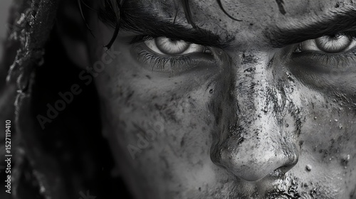 Wallpaper Mural A striking black and white portrait of a man's intense gaze, covered in mud. Torontodigital.ca