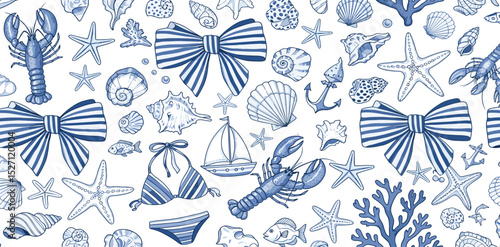 Blue coquette ocean bows seamless pattern. Vector sea elements, ribbons, fish, lobster, seashells, sailing boat, stars. Hand drawn whimsical repeat background, textile design, wallpaper fabric wrap