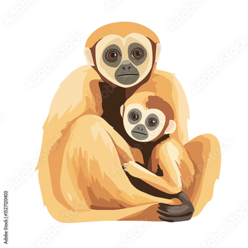 A Mother Gibbon With Her Kid 2D flat vector illustration, isolated on a white background.