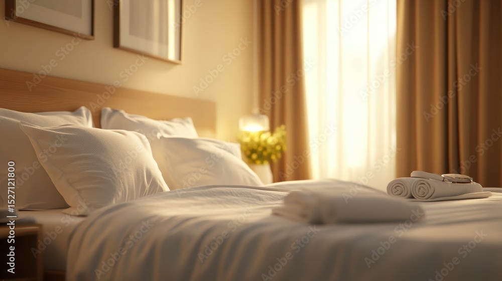 Fototapeta premium Sunlit hotel bedroom with neatly made bed, white linens, and rolled towels.