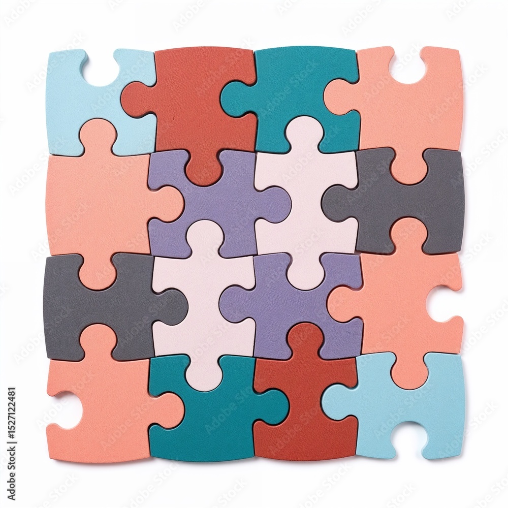 Fototapeta premium Colorful interlocking puzzle pieces arranged on a white background