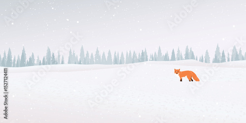 Snawfall in minimalist snowscape with lonely fox have pine forest far away graphic illustration.