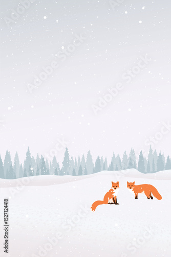 Snawfall in minimalist snowscape with two foxes have pine forest far away vertical template graphic illustration.