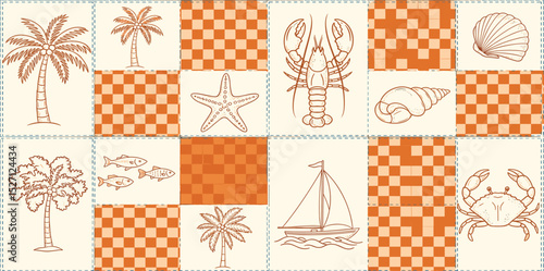 Brown checkered summer beach seamless pattern. Tropical palm tree, lobster, fish, boat, seashells, yacht. Cute hand drawn boho print, fabric, textile,