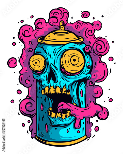 Colorful Cartoon Skull with Spray Paint Can and Vivid Artistic Background Design