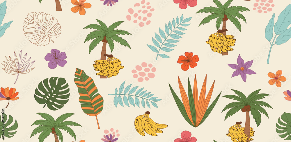 Fototapeta premium Tropical exotic flowers seamless pattern. Naive hand drawn flowers and leaves. Jungle bananas, hand painted palms, leopard spots. Vector summer vacation textile design, wallpaper, background