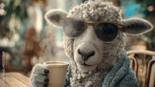 Closeup of a Fluffy Sheep Wearing Sunglasses Enjoying Coffee at an Outdoor Cafe