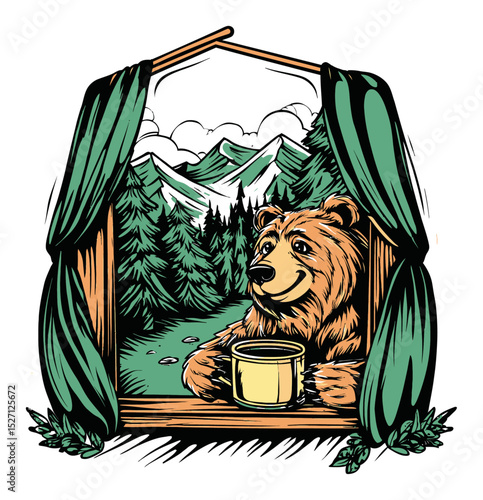 Playful Bear Peeking Through Window in Scenic Mountain Landscape Illustration