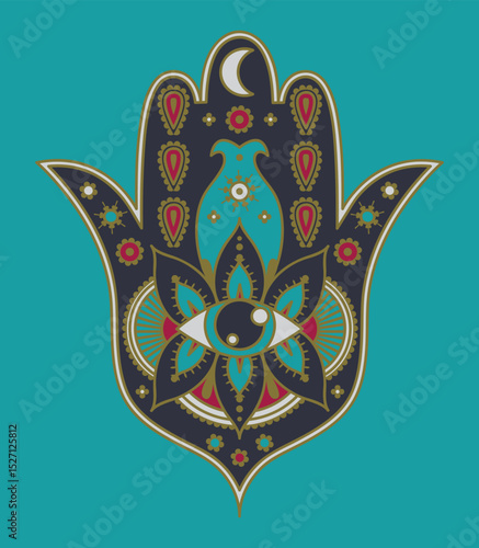 Decorative Hamsa Hand with Eye – Intricate illustration of a stylized Hamsa symbol featuring an all-seeing eye, moon, lotus, and ornamental details on a turquoise background.