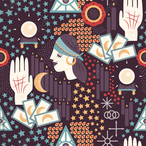 Mystical Fortune Teller Seamless Pattern – A magical design featuring palmistry hands, tarot cards, crystal balls, moons, stars, and a psychic woman.