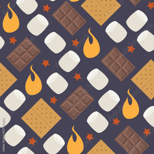 S'mores Ingredients Seamless Pattern – Marshmallows, Chocolate, and Graham Crackers with Campfire Flames