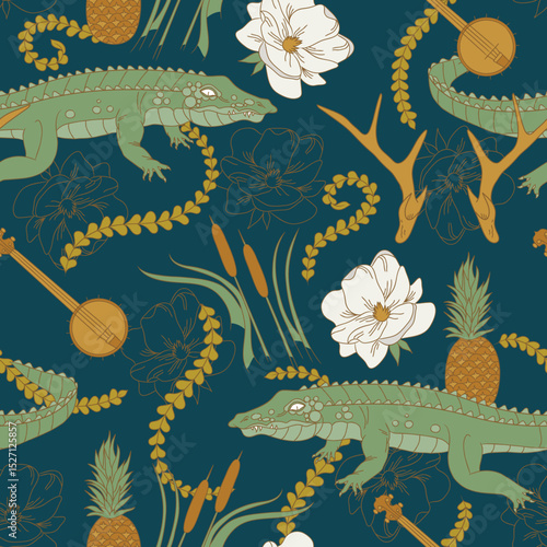 Southern Swamp-Inspired Alligator Seamless Pattern – Illustrated design featuring alligators, magnolias, pineapples, banjos, and antlers on a deep teal background.