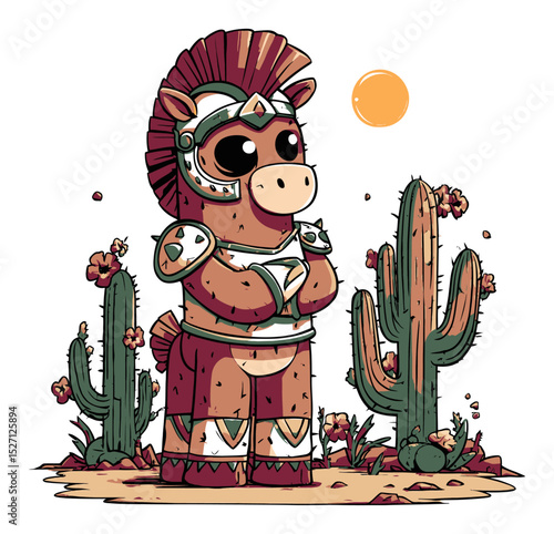 Playful Cartoon Horse Knight Surrounded by Cacti and Sunlight