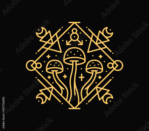 Esoteric line symbol or mystic Boho tattoo with psychedelic mushrooms, vector occult sign. Bohemian astrology and celestial mystic symbol for Tarot cards with magic symbols of esoteric and witchcraft