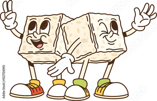 Cartoon groovy sugar cubes characters. Two pieces of brown sugar funny vintage personages. Dessert cooking, confectionery culinary ingredients funny character, sugar cubes groovy vector mascots