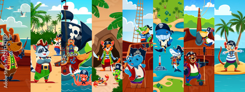 Cartoon animal pirate and corsair characters collage. Dog, raccoon, fox, hippo and octopus, whale, shark, beer and monkey corsairs captain, pirate sailor, skipper funny characters on ship and island